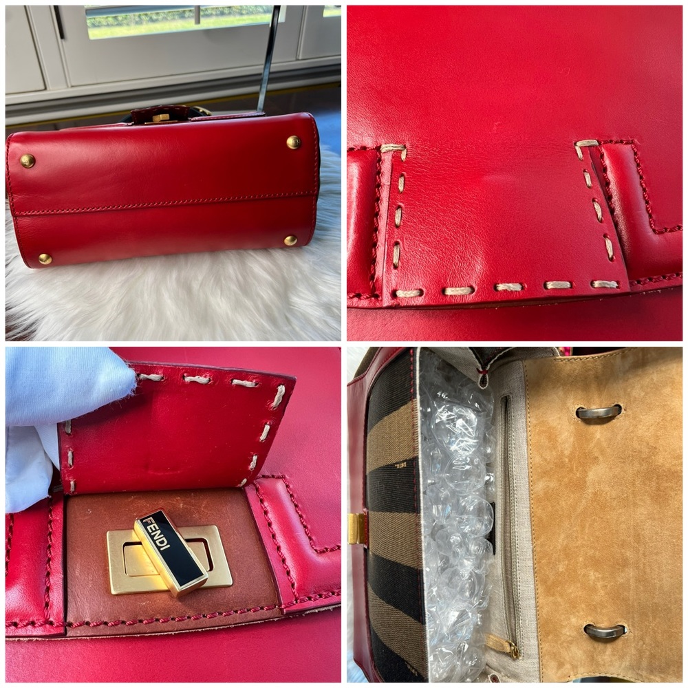 Fendi Silvana Leather Red Flap Turn-Lock Penguin Striped Canvas w/ Strap EUC - Picture 14 of 17